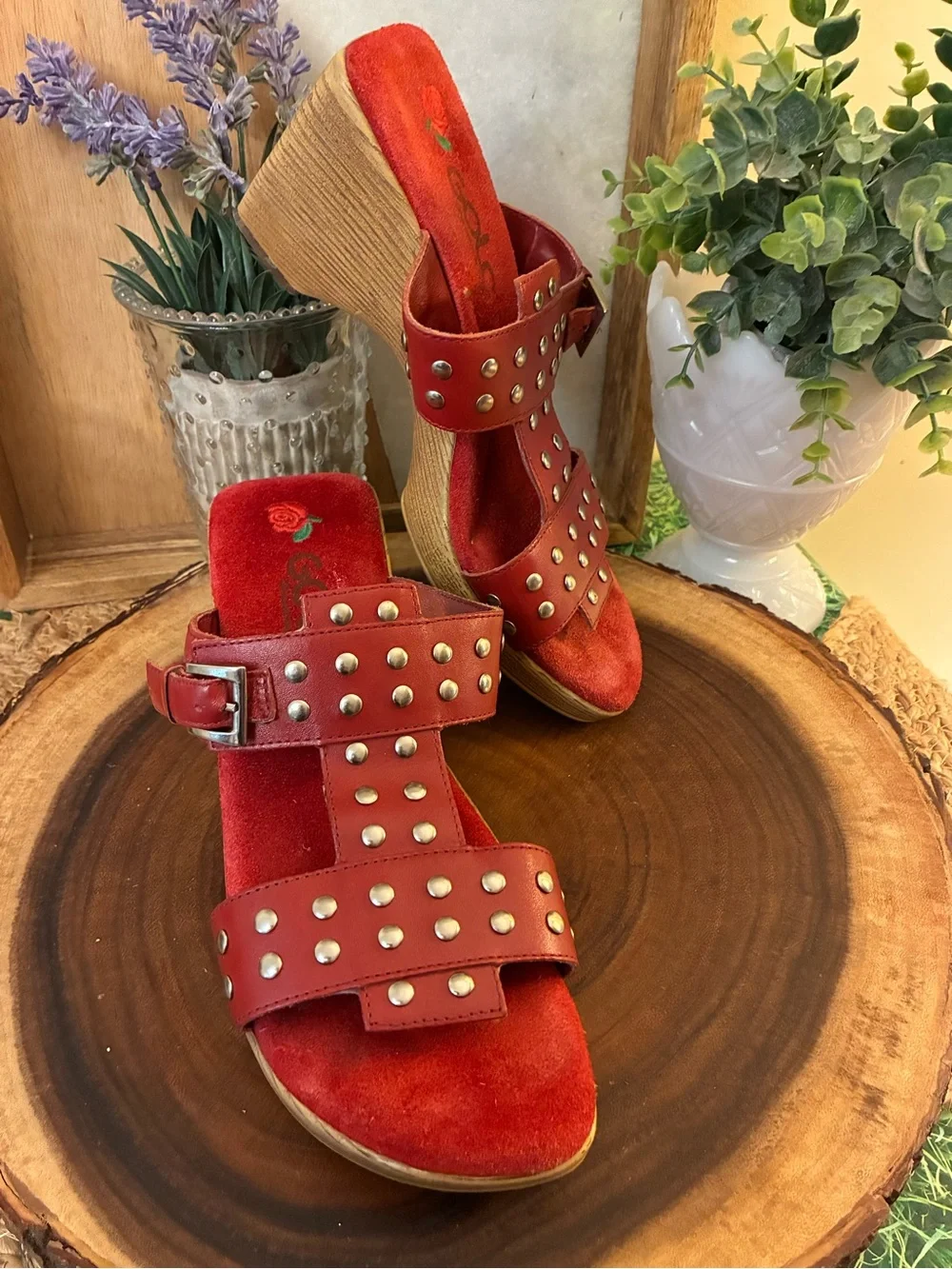 Red Studded Wedge Slide Sandals with Buckle